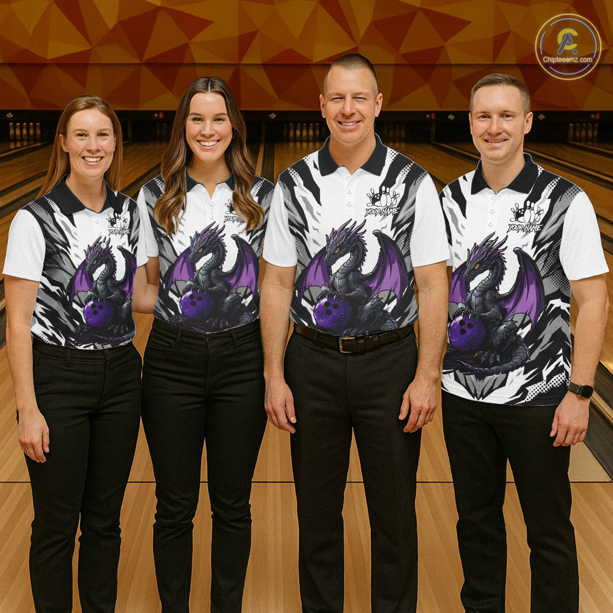 Black and White Bowling Polo, Quarter Zip Shirts For Women Custom Purple Dragon Bowling Team Jerseys NQS11740