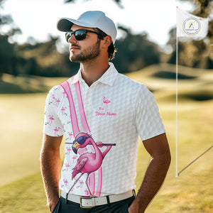 Funny Mens golf polo shirt custom pink and white flamingo pattern white golf shirts NQS8610