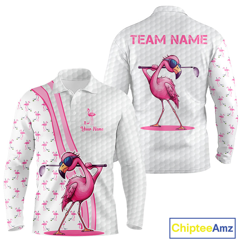Funny Mens golf polo shirt custom pink and white flamingo pattern white golf shirts NQS8610