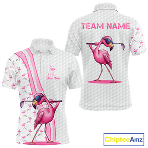 Funny Mens golf polo shirt custom pink and white flamingo pattern white golf shirts NQS8610