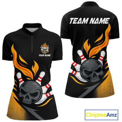 Custom Black and Yellow Flame Skull Bowling shirts for Women, bowling team league jerseys with Name NQS10263