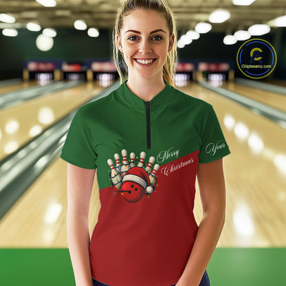 Red and Green Christmas Bowling Polo, Quarter Zip Shirts For Women custom Ladies bowling jerseys NQS11052