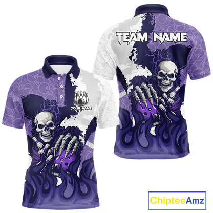 White and Purple Camo Flame Lightning Skull Bowling Shirts For Men Custom Bowling Team Jerseys NQS11055