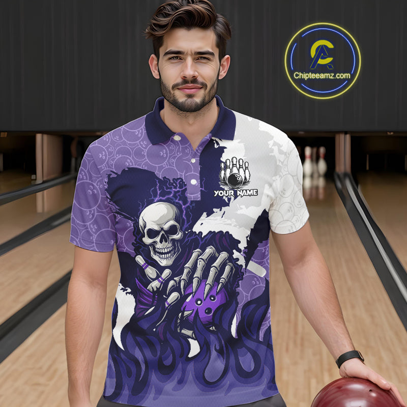 White and Purple Camo Flame Lightning Skull Bowling Shirts For Men Custom Bowling Team Jerseys NQS11055