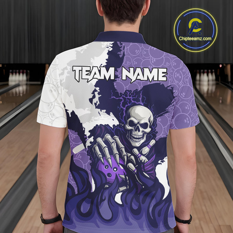 White and Purple Camo Flame Lightning Skull Bowling Shirts For Men Custom Bowling Team Jerseys NQS11055