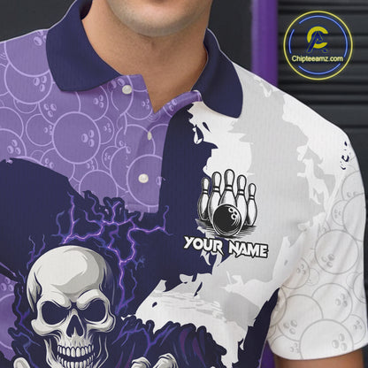 White and Purple Camo Flame Lightning Skull Bowling Shirts For Men Custom Bowling Team Jerseys NQS11055