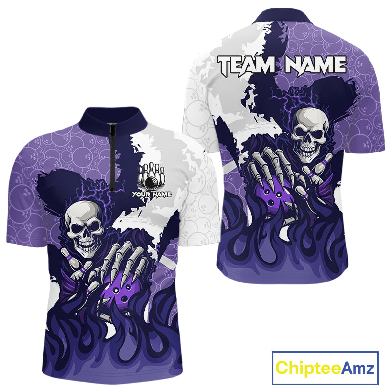 White and Purple Camo Flame Lightning Skull Bowling Shirts For Men Custom Bowling Team Jerseys NQS11055