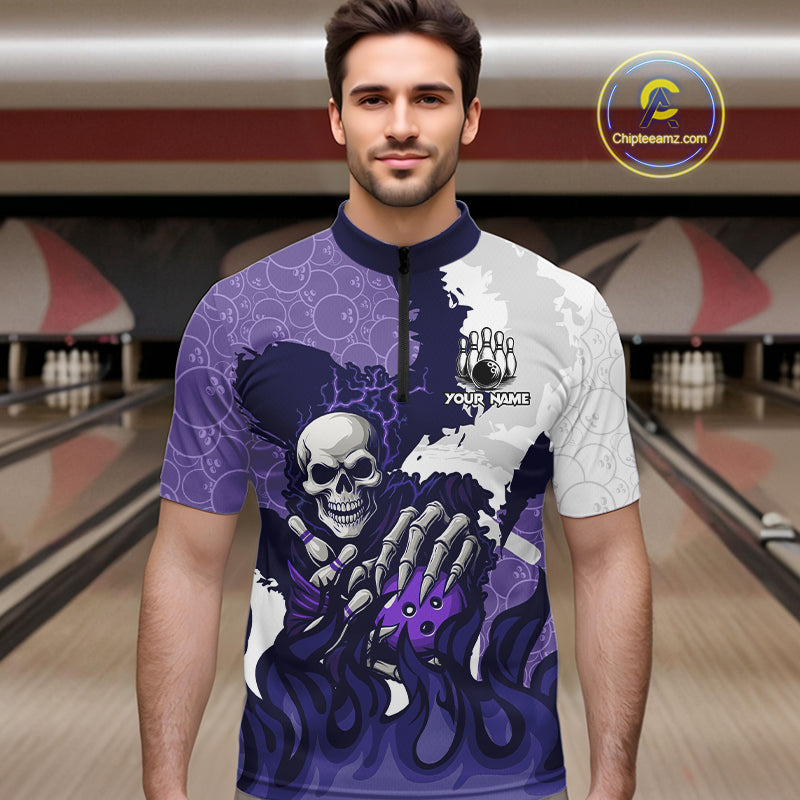 White and Purple Camo Flame Lightning Skull Bowling Shirts For Men Custom Bowling Team Jerseys NQS11055