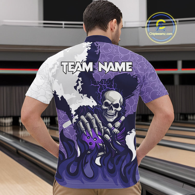 White and Purple Camo Flame Lightning Skull Bowling Shirts For Men Custom Bowling Team Jerseys NQS11055