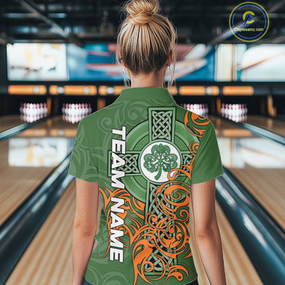 Green and orange Irish Tribal Cross St Patrick's Day Women bowling shirts Custom Lucky Bowling Jersey NQS11255