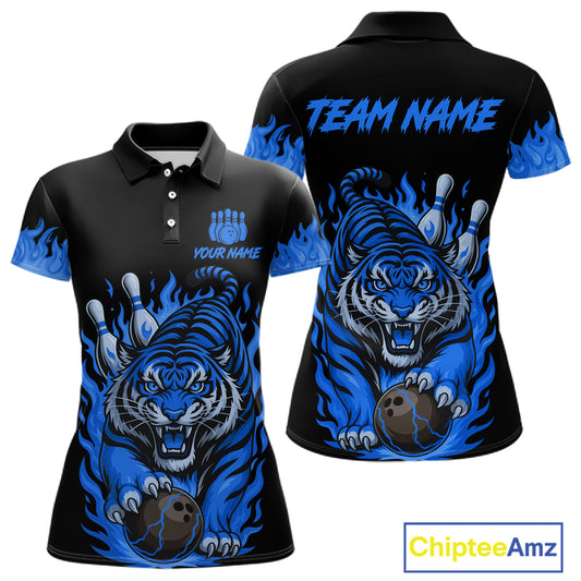 Black and Blue Flame Tiger Bowling Polo, 1/4 Zip Shirts for Women Custom Team Tiger Bowling Jersey NQS11256
