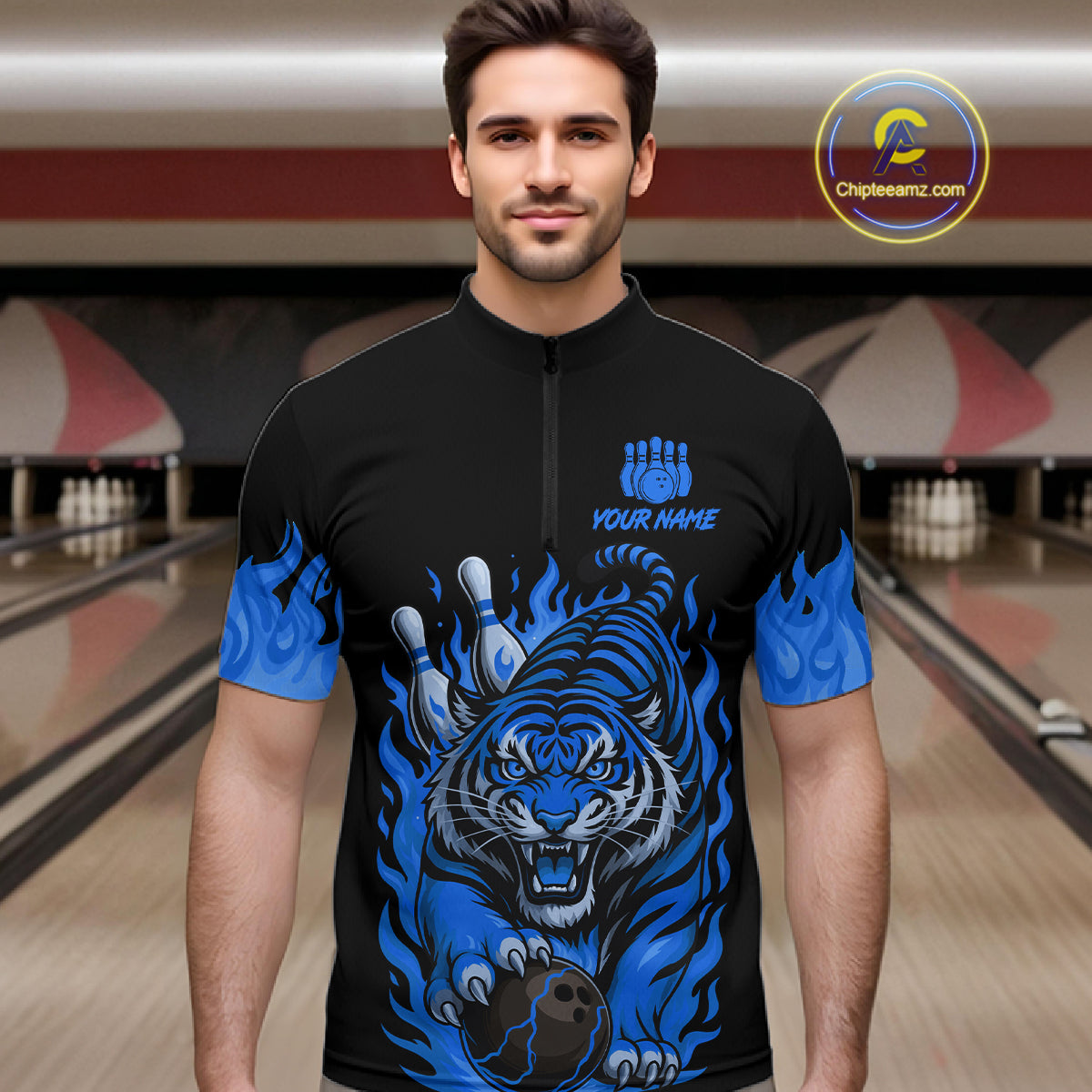 Black and Blue Flame Tiger Bowling Polo, 1/4 Zip Shirts for Men Custom Team Tiger Bowling Jersey NQS11256