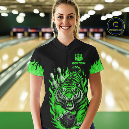 Black and Green Flame Tiger Bowling Polo, 1/4 Zip Shirts for Women Custom Team Tiger Bowling Jersey NQS11257