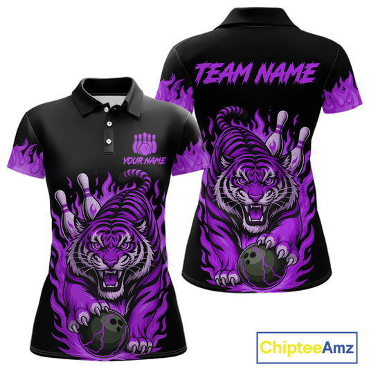 Black and Purple Flame Tiger Bowling Polo, 1/4 Zip Shirts for Women Custom Team Tiger Bowling Jersey NQS11258