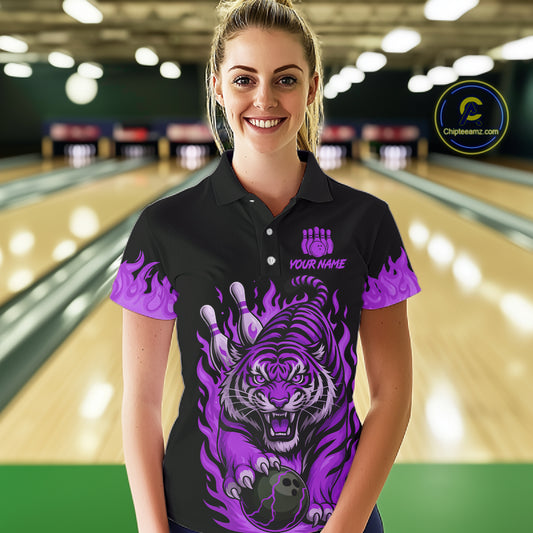 Black and Purple Flame Tiger Bowling Polo, 1/4 Zip Shirts for Women Custom Team Tiger Bowling Jersey NQS11258