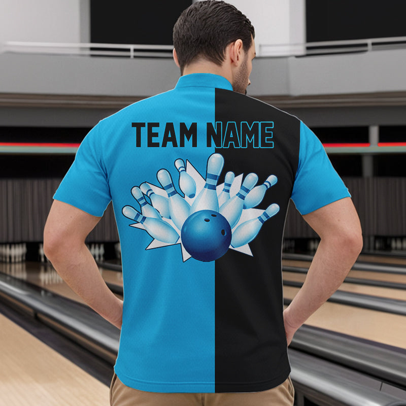 Cyan Blue and Black retro vintage Bowling polo, quarter zip shirts for men custom Bowling team jerseys NQS9534