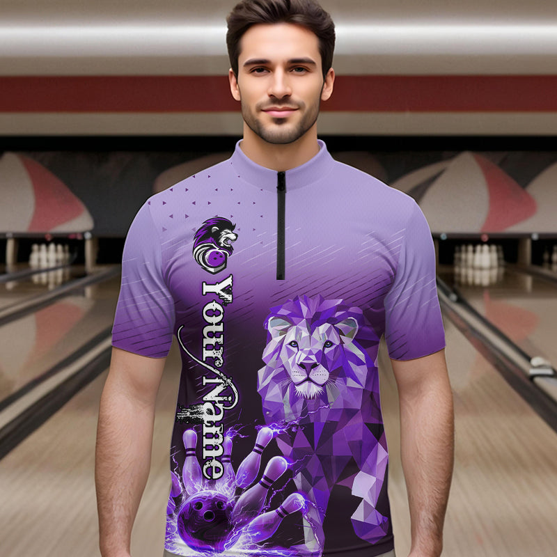Purple Lightning Lion Bowling Polo, Quarter Zip Shirts for Men Custom Lion Bowling Team jerseys NQS9693