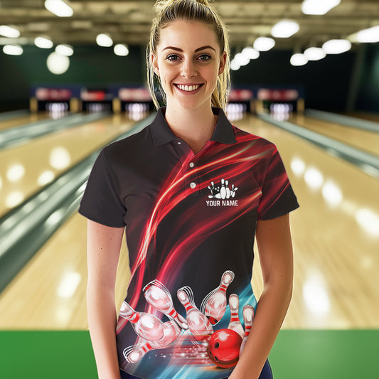 Custom Black and Red Women bowling Polo, Quarter Zip Shirts, team bowling outfits for women NQS9701