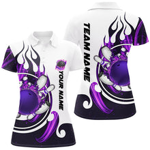 Load image into Gallery viewer, White Womens bowling shirts Custom purple flame bowling ball and pins Jerseys polo, quarter zip shirts NQS7634