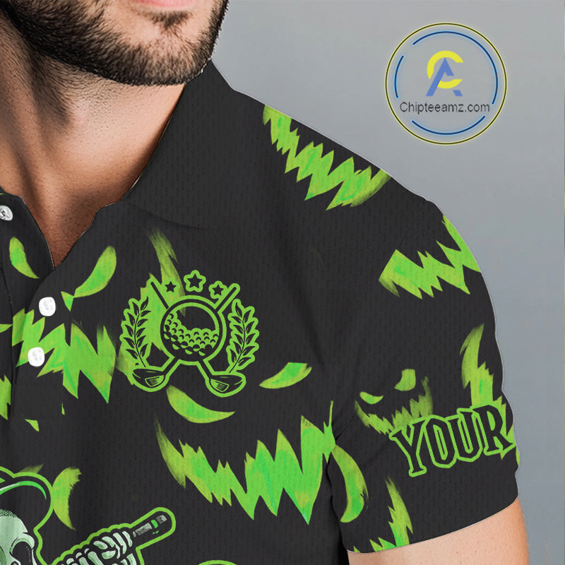 Green and Black Halloween Pattern Funny Skull Golf polo shirt for men Custom Halloween Mens golf top NQS10662