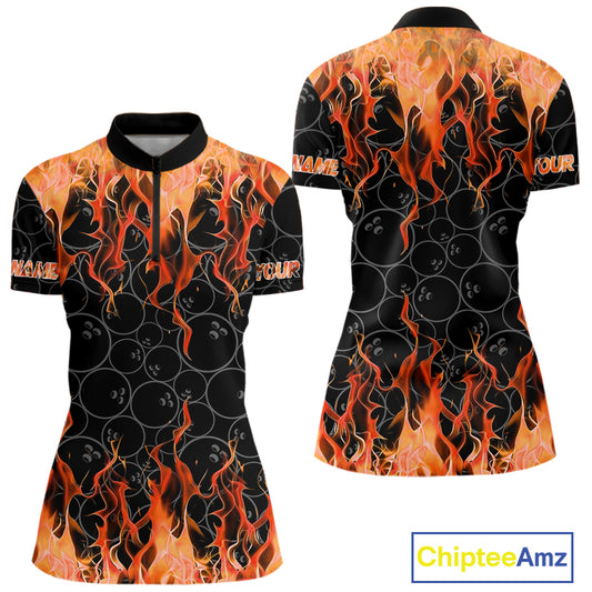 Black and Orange Flame camo Women bowling shirts Custom Flame Bowling Shirt Team Bowling Jersey NQS10667
