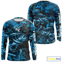 Load image into Gallery viewer, Blue Camo Walleye Fishing Shirts Custom performance fishing apparel, walleye fishing jerseys NQS11061