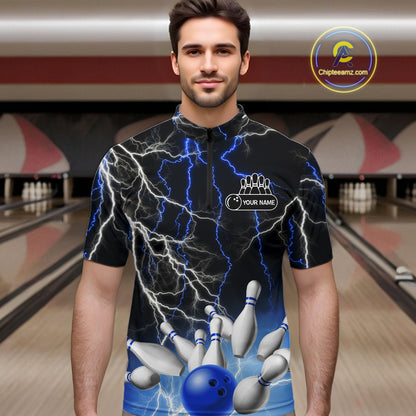 Men's bowling Polo, Quarter Zip shirts Custom Blue lightning thunder team bowling league jerseys NQS11261