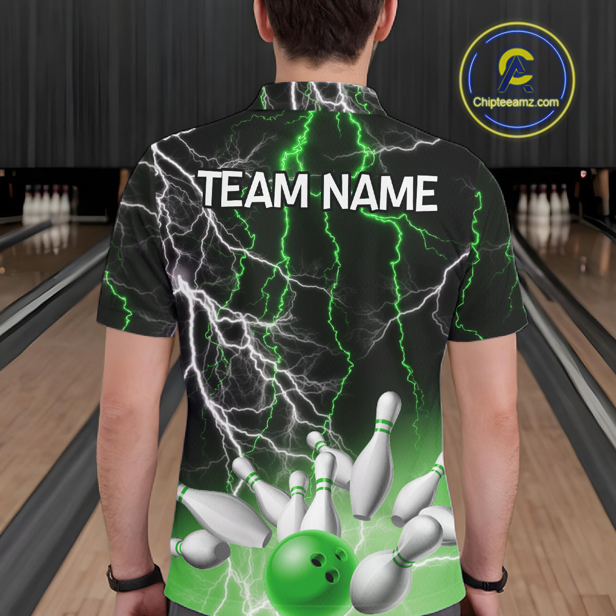 Men's bowling Polo, Quarter Zip shirts Custom Green lightning thunder team bowling league jerseys NQS11262