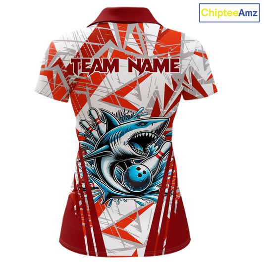 Red and White Camo Shark Bowling Team Shirt For Women Custom Shark Bowling Polo, Quarter Zip Shirt NQS11472