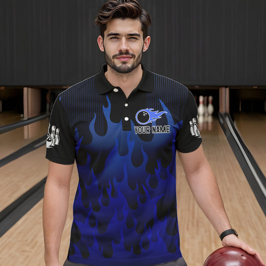 Personalized Black and Blue Flame Bowling Shirts For Men Custom Fire bowling jerseys NQS9552