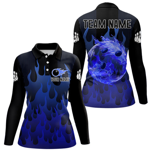 Personalized Black and Blue Flame Bowling Shirts For Women Custom Fire bowling jerseys NQS9552