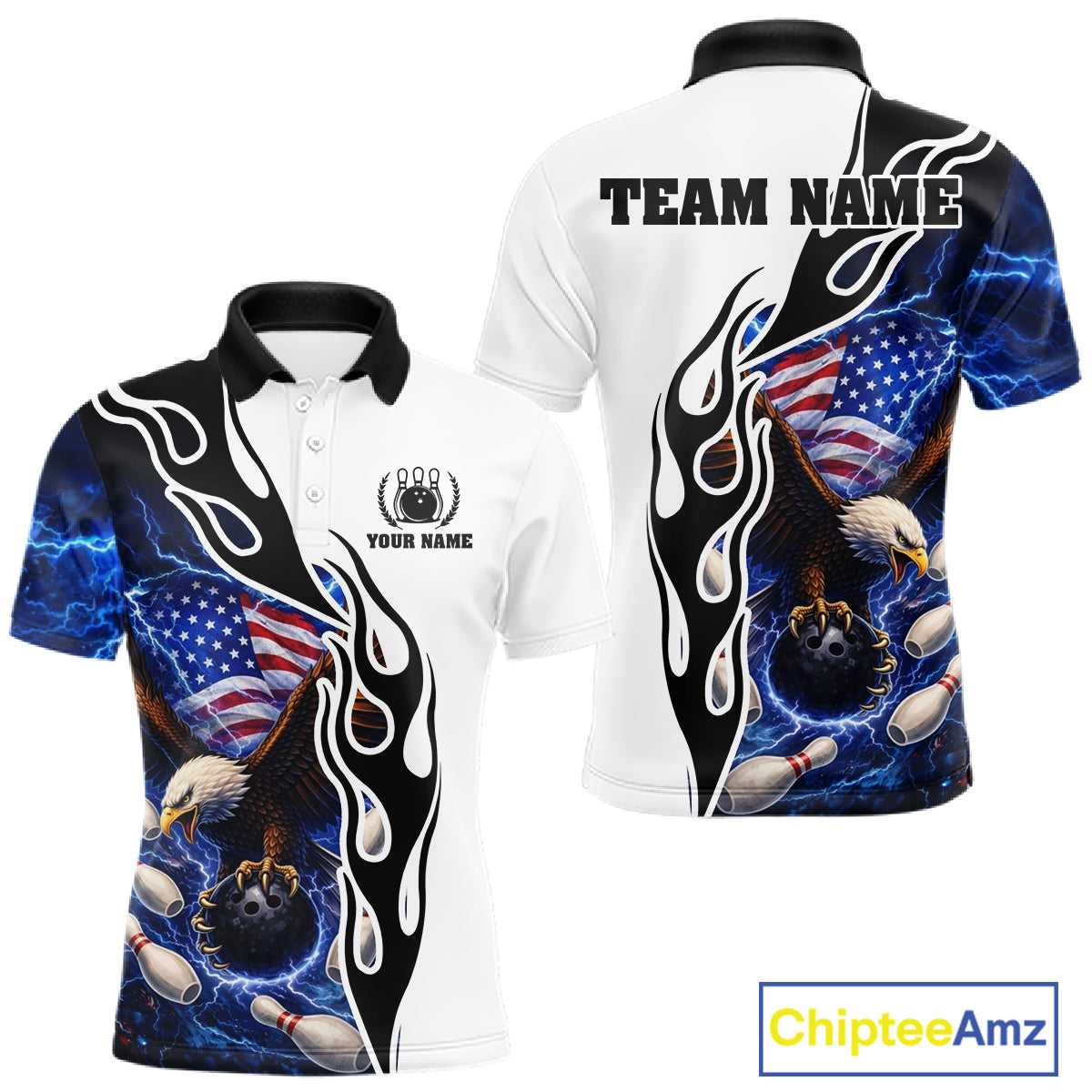 Blue Lightning Thunder American Flag Eagle Bowling shirt for Men Custom Patriotic Team bowling Jersey NQS11658