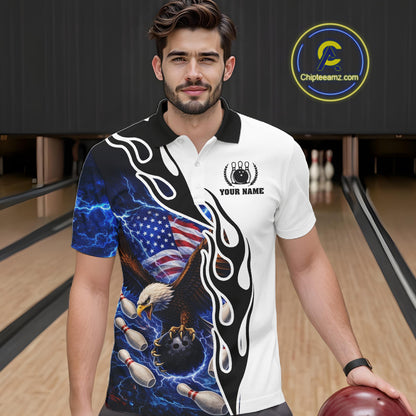 Blue Lightning Thunder American Flag Eagle Bowling shirt for Men Custom Patriotic Team bowling Jersey NQS11658