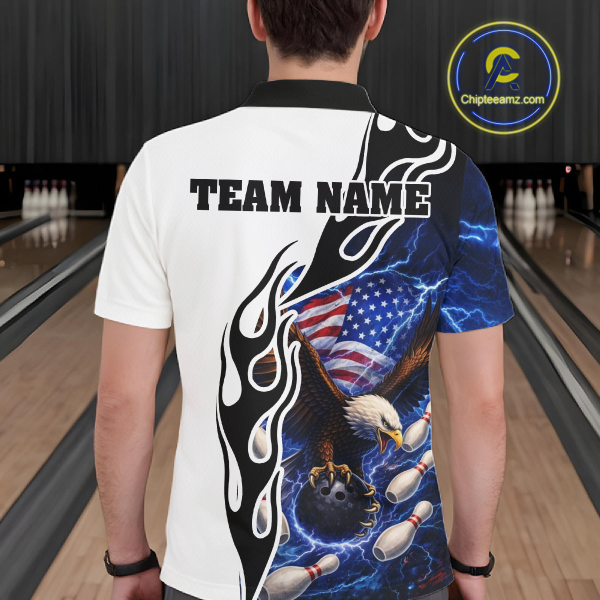 Blue Lightning Thunder American Flag Eagle Bowling shirt for Men Custom Patriotic Team bowling Jersey NQS11658