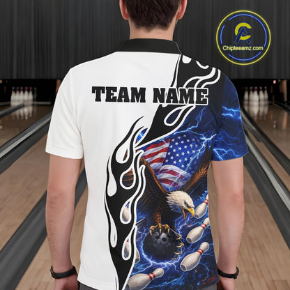 Blue Lightning Thunder American Flag Eagle Bowling shirt for Men Custom Patriotic Team bowling Jersey NQS11658