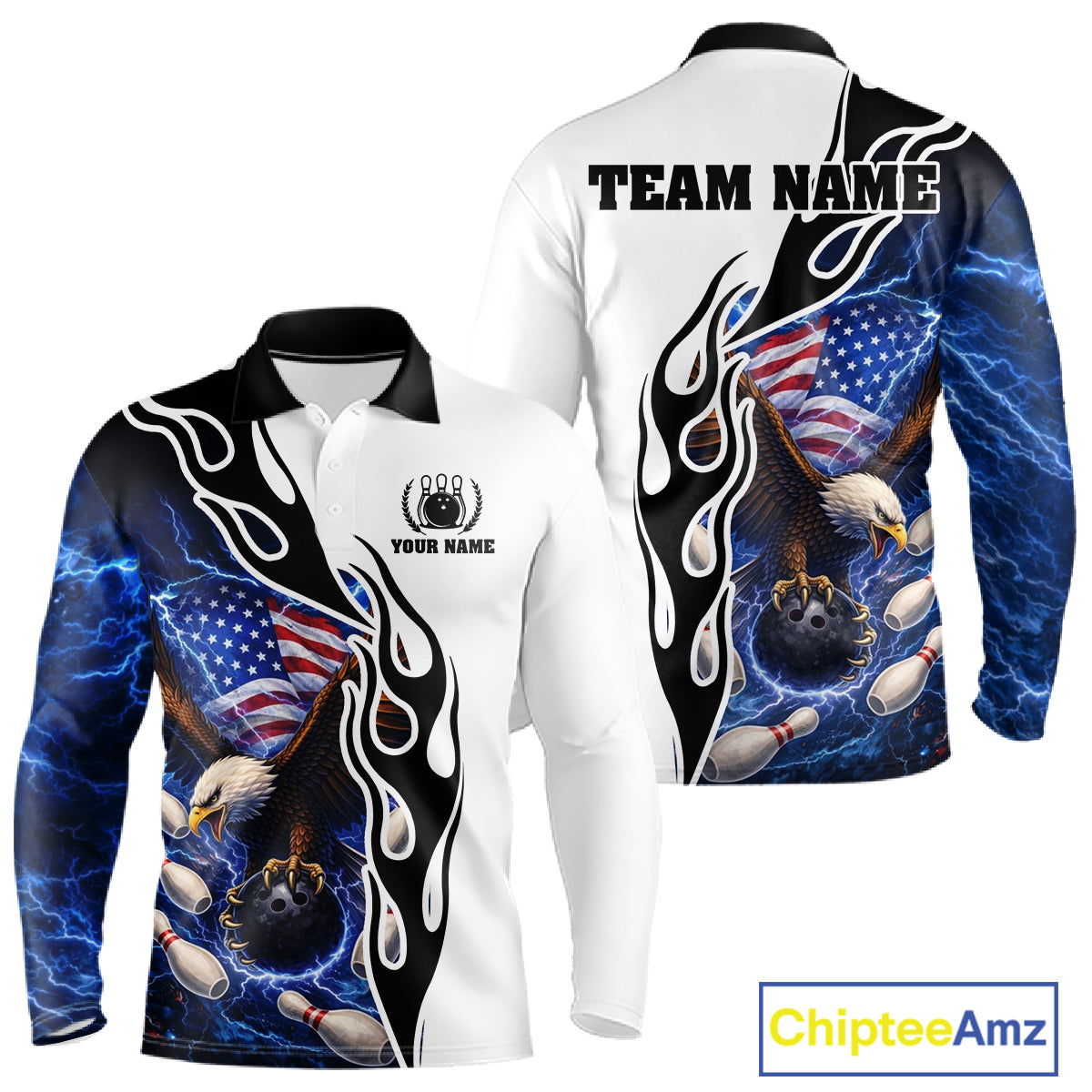 Blue Lightning Thunder American Flag Eagle Bowling shirt for Men Custom Patriotic Team bowling Jersey NQS11658