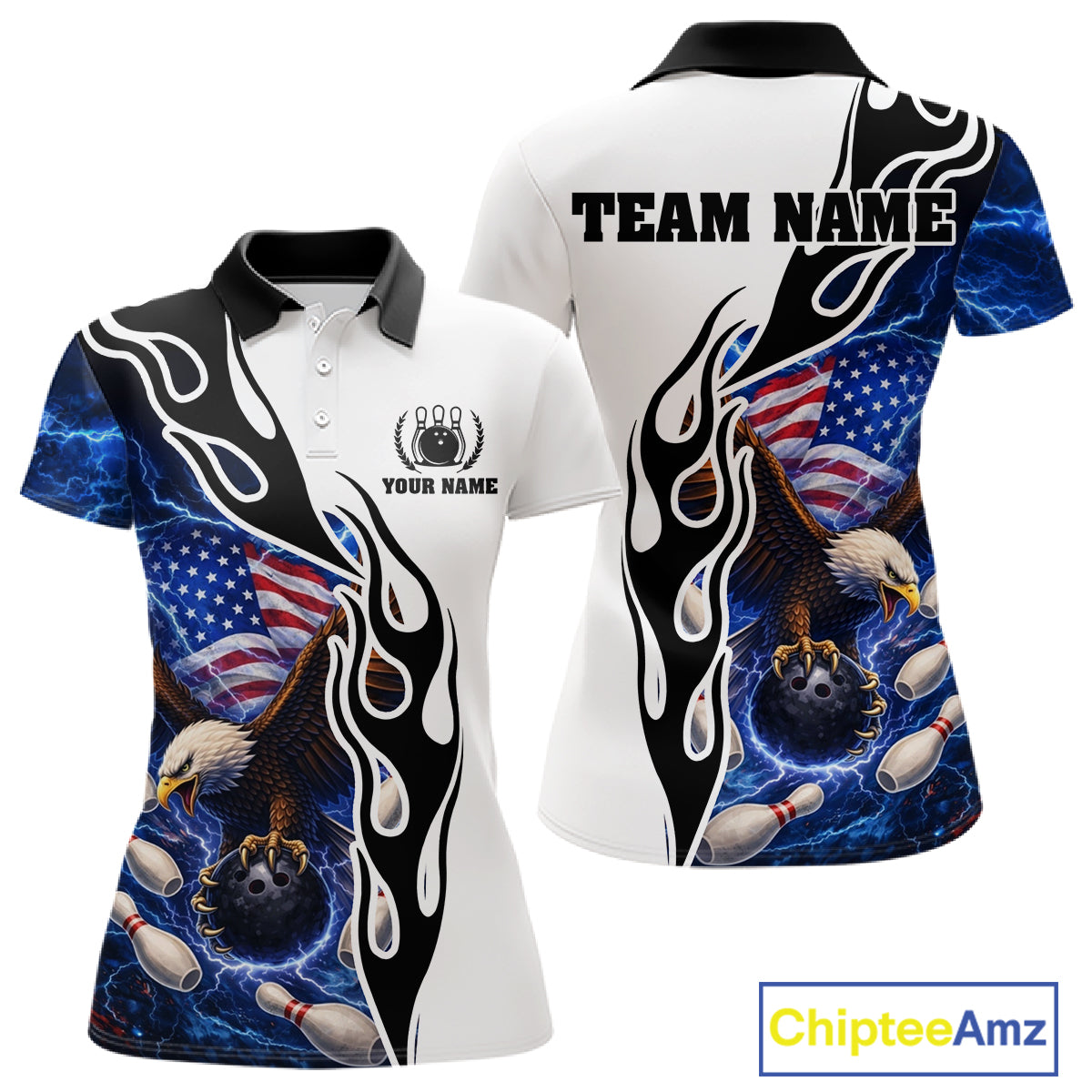 Blue Lightning Thunder American Flag Eagle Women Bowling shirts Custom Patriotic Team bowling Jersey NQS11658