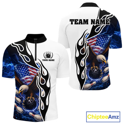 Blue Lightning Thunder American Flag Eagle Bowling shirt for Men Custom Patriotic Team bowling Jersey NQS11658