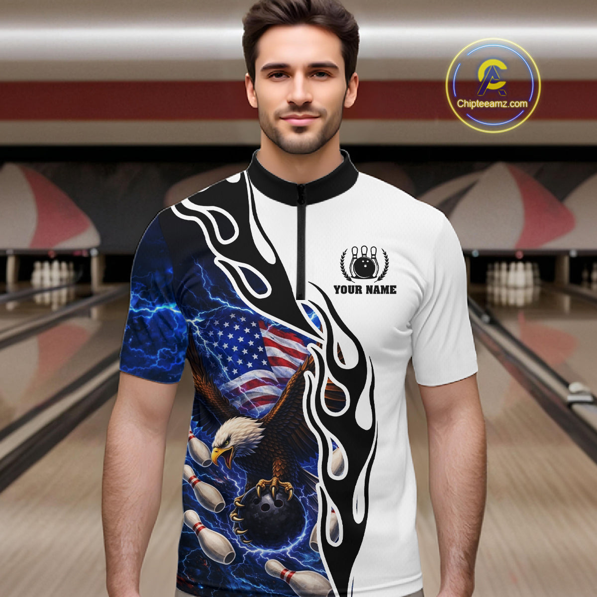 Blue Lightning Thunder American Flag Eagle Bowling shirt for Men Custom Patriotic Team bowling Jersey NQS11658