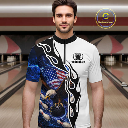 Blue Lightning Thunder American Flag Eagle Bowling shirt for Men Custom Patriotic Team bowling Jersey NQS11658