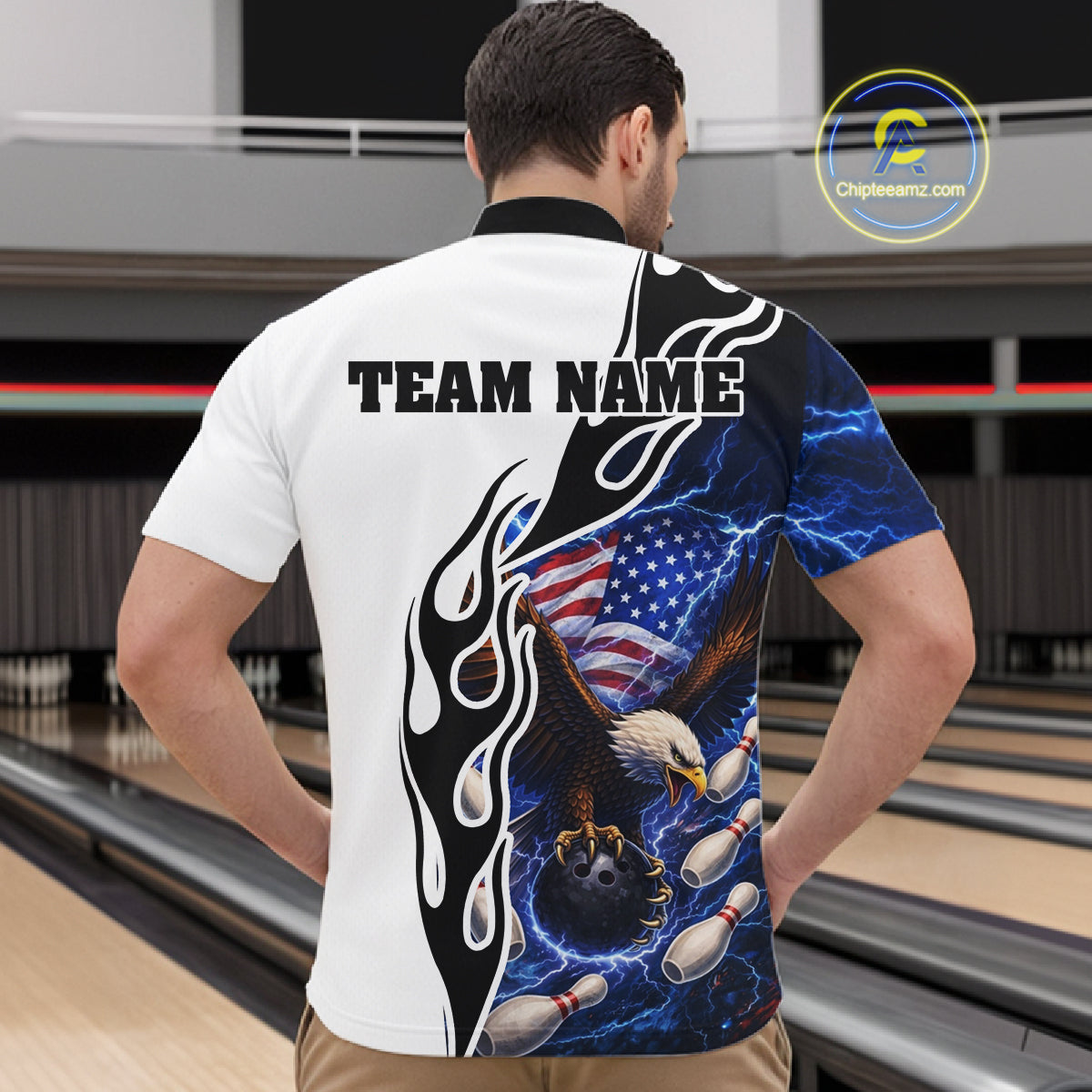 Blue Lightning Thunder American Flag Eagle Bowling shirt for Men Custom Patriotic Team bowling Jersey NQS11658