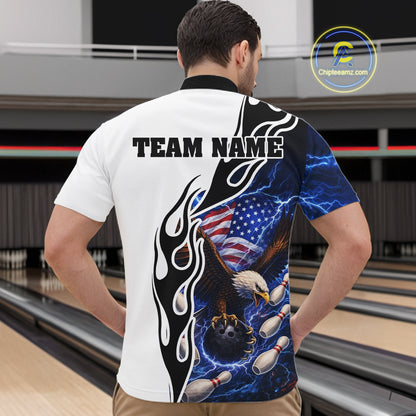 Blue Lightning Thunder American Flag Eagle Bowling shirt for Men Custom Patriotic Team bowling Jersey NQS11658