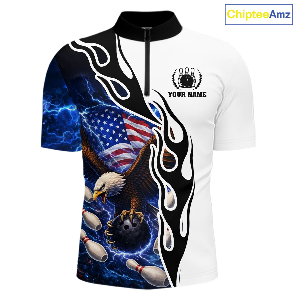 Blue Lightning Thunder American Flag Eagle Bowling shirt for Men Custom Patriotic Team bowling Jersey NQS11658