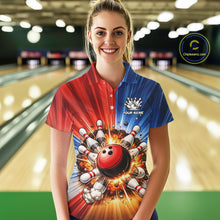 Load image into Gallery viewer, Funny Bowling Boom Polo, 1/4 Zip Shirt For Women Custom Red, White and Blue Team Bowler Jerseys NQS11660
