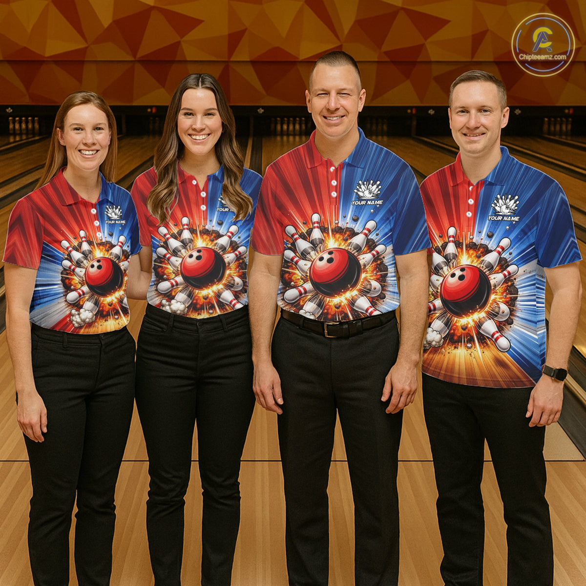 Funny Bowling Boom Polo, 1/4 Zip Shirt For Women Custom Red, White and Blue Team Bowler Jerseys NQS11660