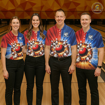 Funny Bowling Boom Polo, 1/4 Zip Shirt For Women Custom Red, White and Blue Team Bowler Jerseys NQS11660