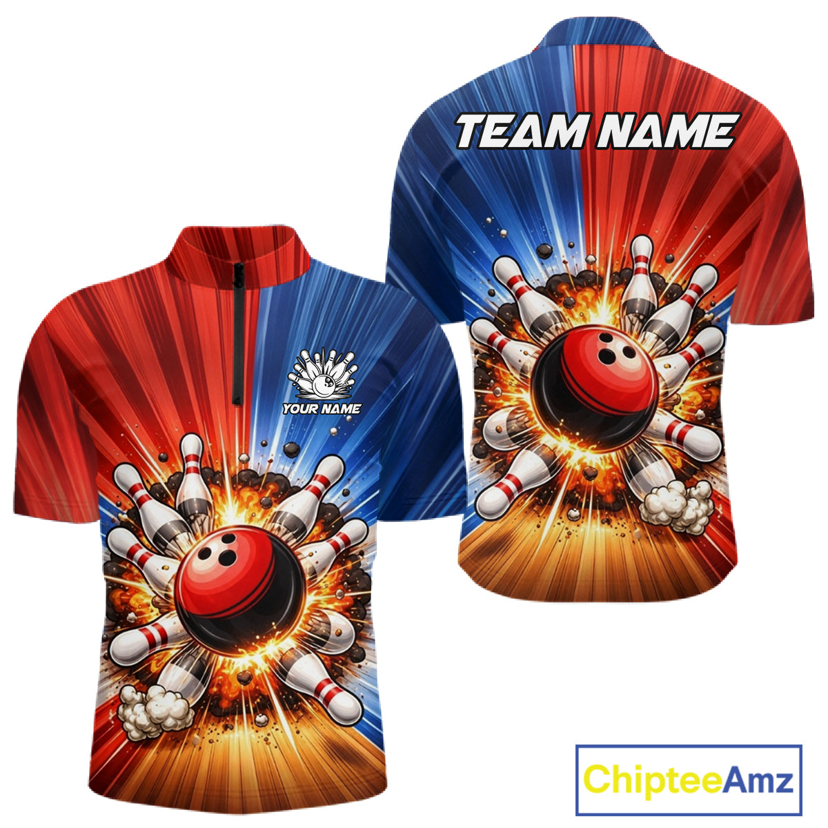 Funny Bowling Boom Polo, 1/4 Zip Shirt For Men Custom Red, White and Blue Team Bowler Jerseys NQS11660