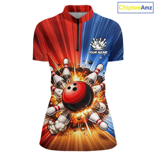 Funny Bowling Boom Polo, 1/4 Zip Shirt For Women Custom Red, White and Blue Team Bowler Jerseys NQS11660