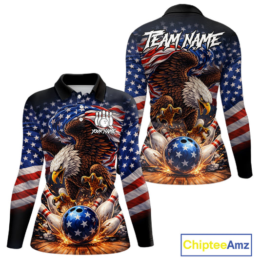 American Flag Flame Eagle Bowling Polo, 1/4 Zip Shirts For Women Custom Patriotic Bowling Team Jersey NQS11748