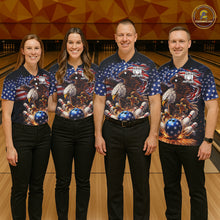 Load image into Gallery viewer, American Flag Flame Eagle Bowling Polo, 1/4 Zip Shirts For Women Custom Patriotic Bowling Team Jersey NQS11748